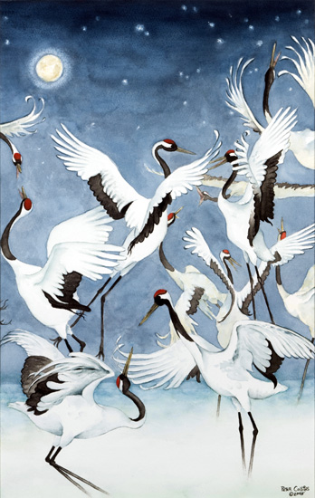 Red-Crowned Cranes Triptych Courtship